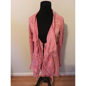 Free People Red & White Heathered Cardigan W/Fringe Trim, Size Small